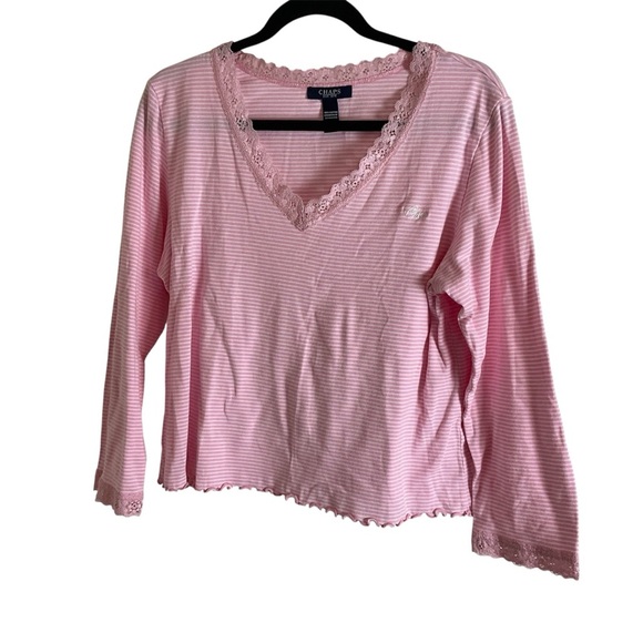 CHAPS SZ XL pink/white Stripe Long Sleeve Shirt W/ Lace Top Blouse - Picture 1 of 9